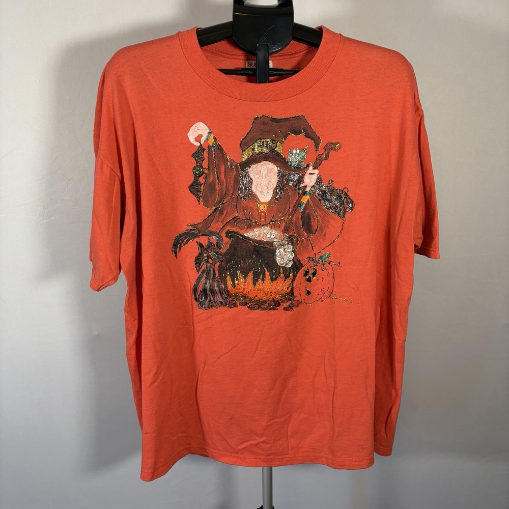 VTG Halloween Witch Cauldron Unisex XL Hand Painted T-Shirt Spooky 90s Cat Bat